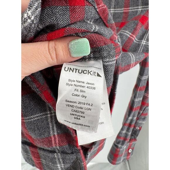 UNTUCKit Men's Red Gray Plaid Slim Jaxon Button Up Flannel Shirt Size Large - Picture 4 of 5